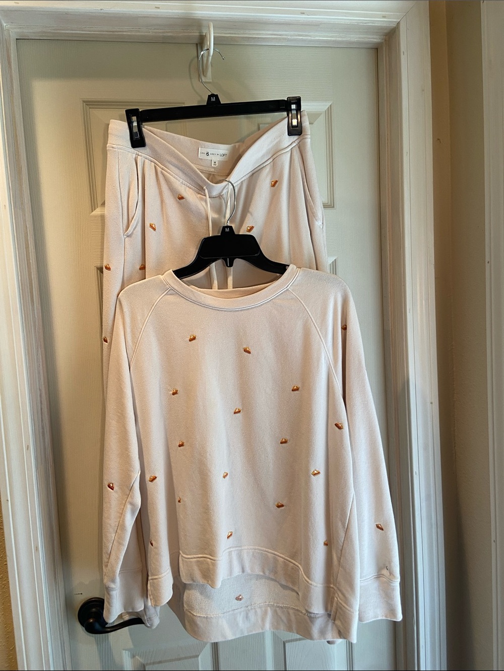 LOFT Cream Crewneck Sweatsuit with Gold Embellishments of slices of pumpkin pie